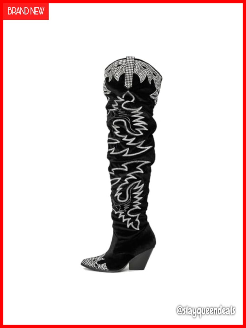 Rhinestone Embroidered Cowboy Boots Thigh High Wide Calf Pull On Over the Knee